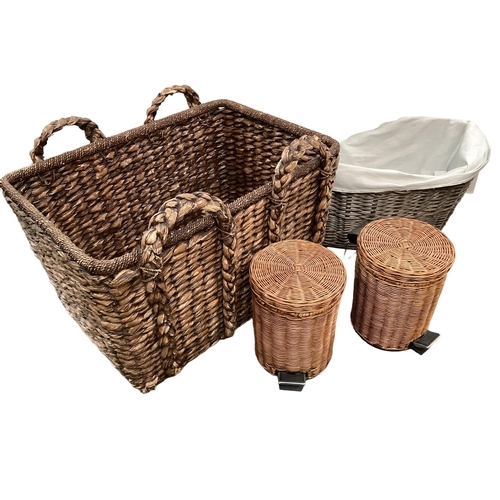 355 - A large modern OKA style basket, an oval basket, and two basket covered pedestal bins