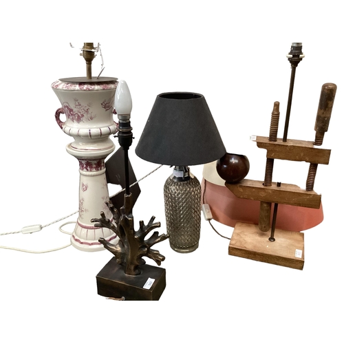 363 - Four table lamps to include, a bronze lamp in the form of coral on cast rectangular base; a converte... 