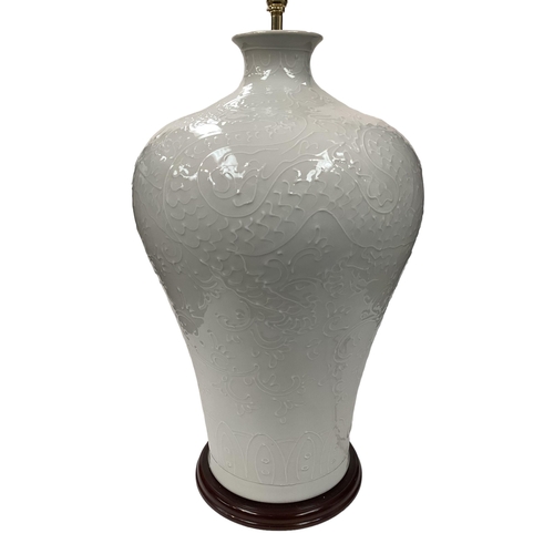 364 - A large  Oriental Celadon style large baluster vase as a table lamp on circular wooden base, 67cm H