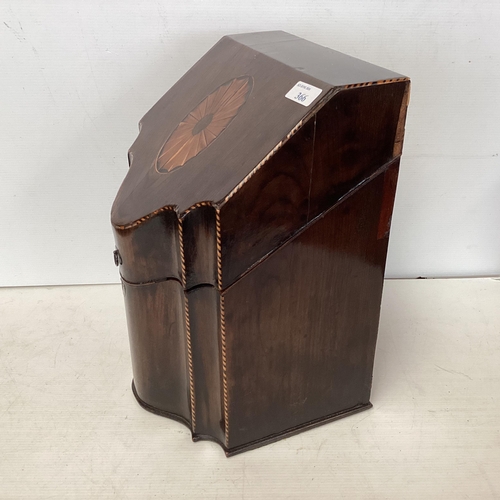 366 - A mahogany and inlaid knife box, converted to a stationery box, damage to lock mechanism, 32cmH