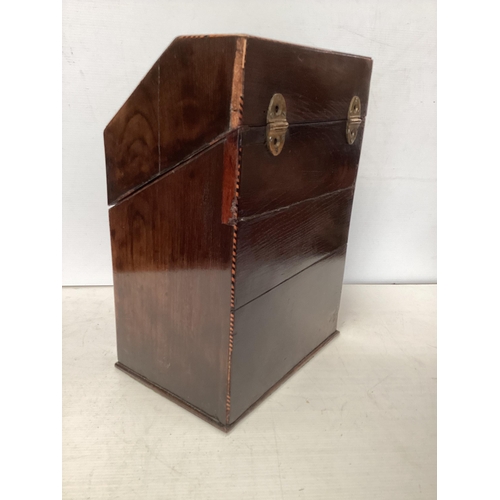 366 - A mahogany and inlaid knife box, converted to a stationery box, damage to lock mechanism, 32cmH