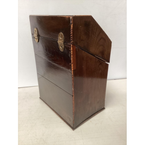 366 - A mahogany and inlaid knife box, converted to a stationery box, damage to lock mechanism, 32cmH