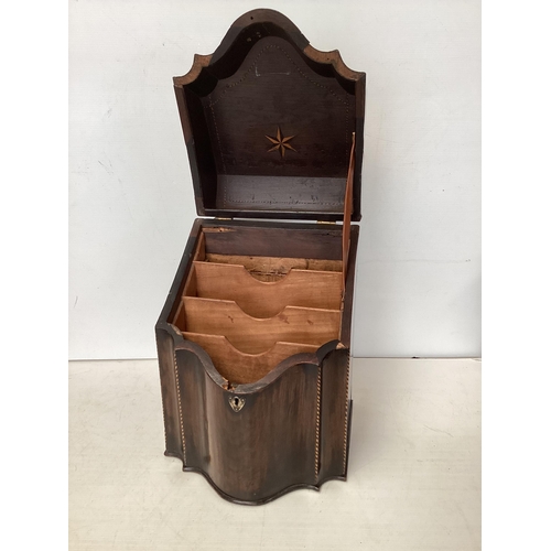 366 - A mahogany and inlaid knife box, converted to a stationery box, damage to lock mechanism, 32cmH