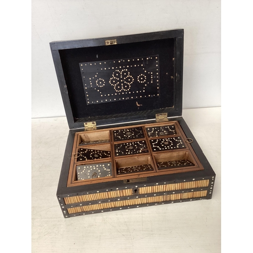 367 - Two porcupine quill and bone mounted boxes, one with fitted interior and lift out tray with bone dec... 