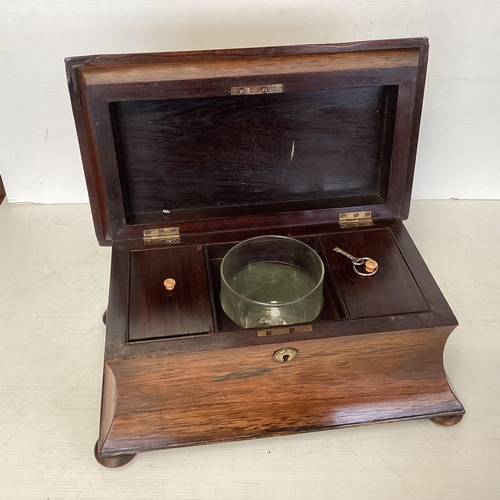 368 - Sarcophogus shaped mahogany tea caddy with fitted interior and later glass bowl, and a gilt metal mo... 