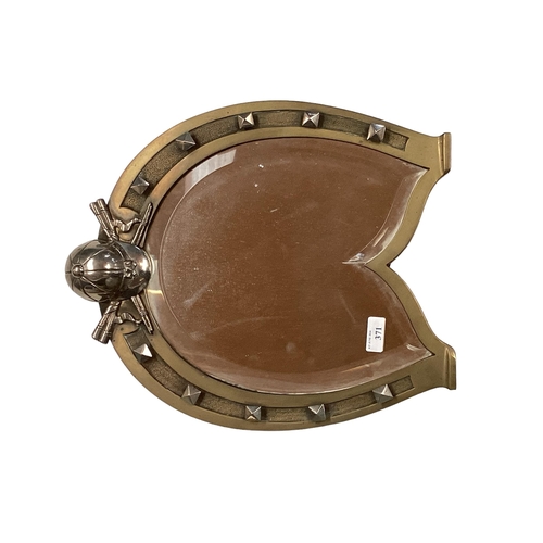 371 - Bronze and unmarked white metal mirror in the form of a horse shoe topped by jockey hat with bevelle... 