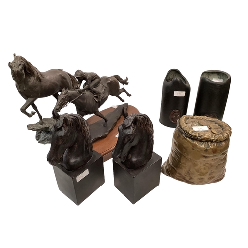 376 - A C19th French bronze tobacco jar in the form of a sack of coins; a resin horse head book ends, a re... 