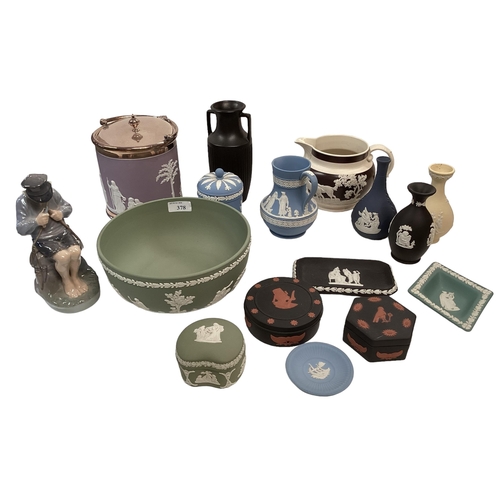 378 - A collection of Wedgwood Jasper ware, to include black basalt examples, and white metal mounted bisc... 