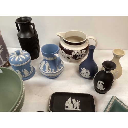 378 - A collection of Wedgwood Jasper ware, to include black basalt examples, and white metal mounted bisc... 