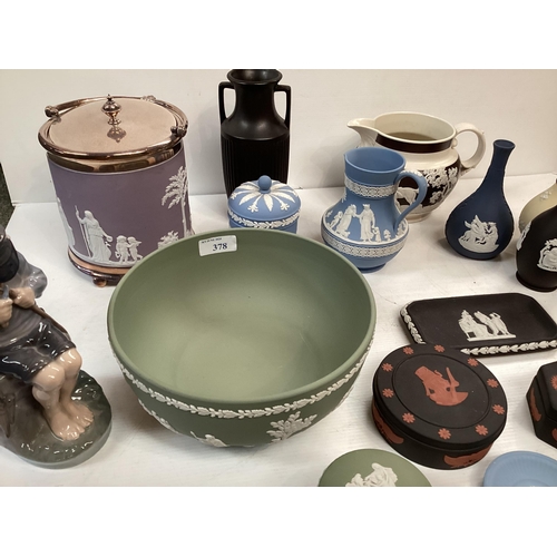 378 - A collection of Wedgwood Jasper ware, to include black basalt examples, and white metal mounted bisc... 