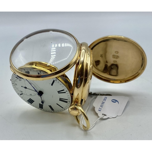 9 - An 18ct gold cased open face key wind pocket watch. White dial with Roman numeral markers, Subsidiar... 