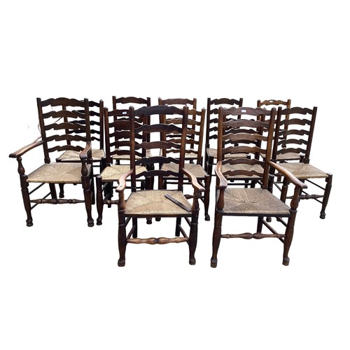 617 - A harlequin set of 12 elm ladder back dining chairs with rush seats.(12)