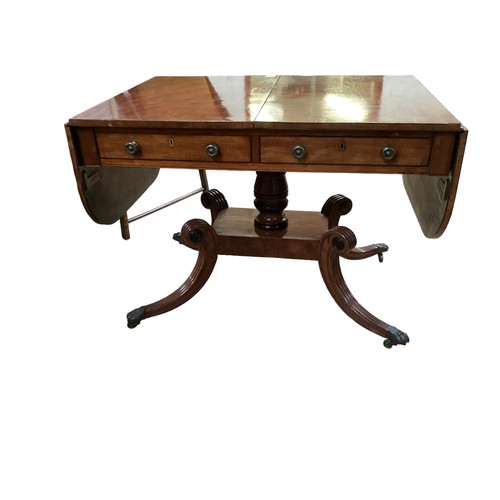 646 - Georgian Mahogany sofa table with a pair of frieze drawers on a quadruped swept platform base.  68 c... 