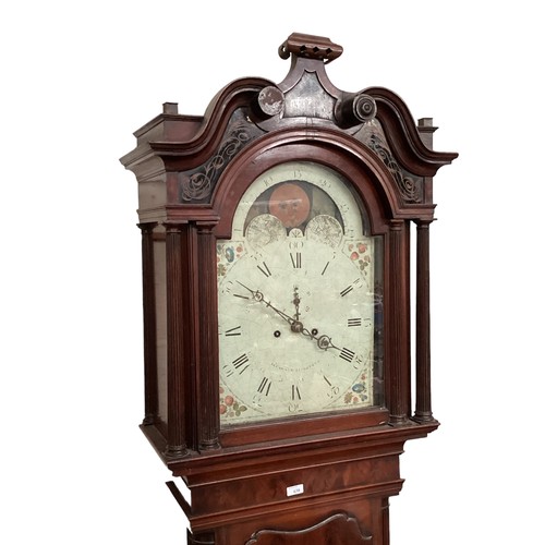 638 - C19th flame mahogany longcase  clock, by Cawson, arched dial with moon aperture, complete with windi... 