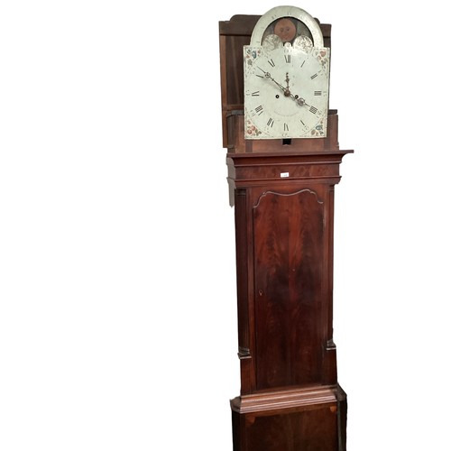 638 - C19th flame mahogany longcase  clock, by Cawson, arched dial with moon aperture, complete with windi... 