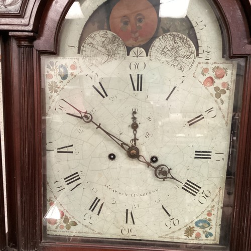 638 - C19th flame mahogany longcase  clock, by Cawson, arched dial with moon aperture, complete with windi... 