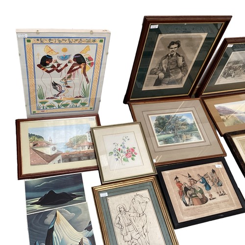 424 - Quantity of various pictures and prints, including humerous French cartoons, Hargreaves comic cartoo... 