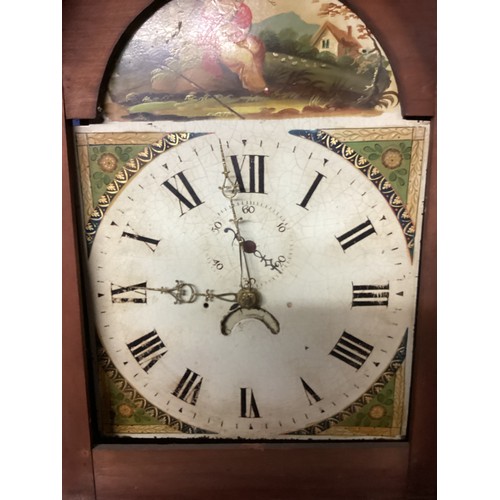 382 - A Georgian mahogany and oak cased 30 hour long case clock, lead weight and pendulum.  Painted and en... 