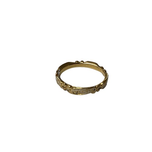 76 - An unmarked yellow metal and white enamel mourning ring stamped to inside of hoop EC, Rich Taylar OB... 