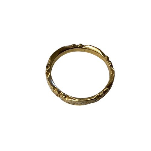 76 - An unmarked yellow metal and white enamel mourning ring stamped to inside of hoop EC, Rich Taylar OB... 