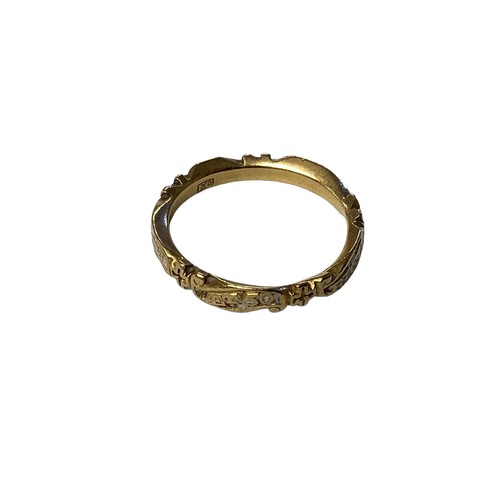 76 - An unmarked yellow metal and white enamel mourning ring stamped to inside of hoop EC, Rich Taylar OB... 