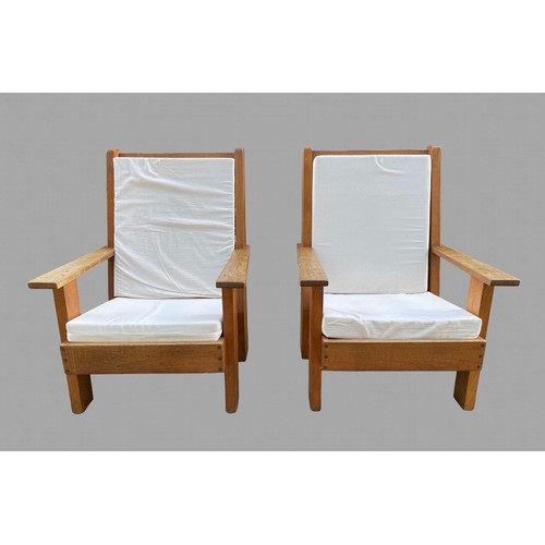 553 - Pair of Unusual French Oak Armchairs of good weight, size and in very solid condition in arts and cr... 