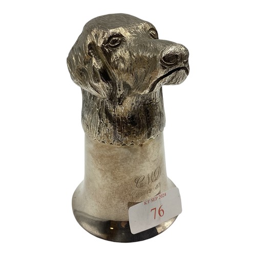 76 - A white metal stirrup cup in the form of a hound together with a boxed set of white metal fish serve... 