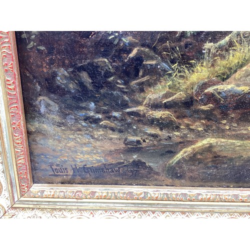 528 - Oil on board of a river scene, In an unglazed gilt frame. Bears signature Louis Hubbard Grimshaw, an... 