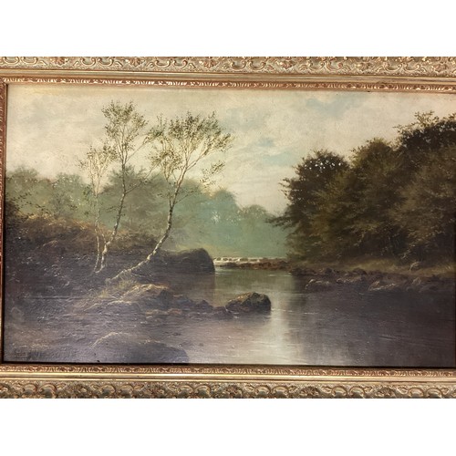 528 - Oil on board of a river scene, In an unglazed gilt frame. Bears signature Louis Hubbard Grimshaw, an... 