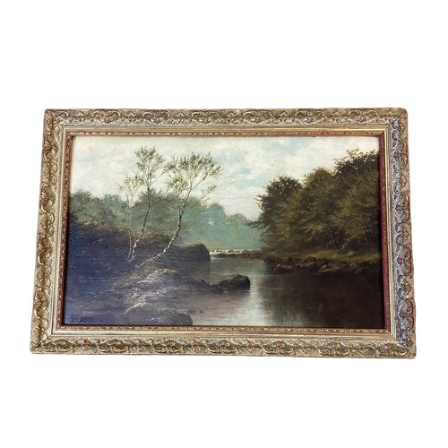 528 - Oil on board of a river scene, In an unglazed gilt frame. Bears signature Louis Hubbard Grimshaw, an... 