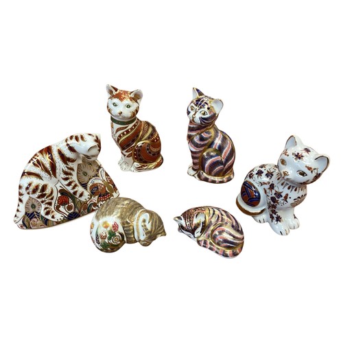 448 - A collection of Royal Crown Derby models of cats to include a Bengal Tiger Cub and five  others. Wit... 