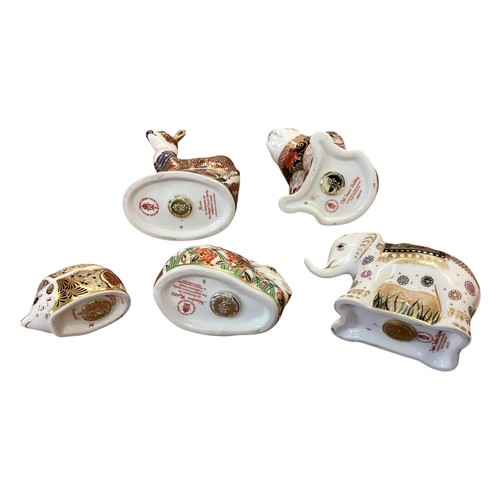 443 - Collection of Royal Crown Derby figures to include old Imaro Bulldog, Fawn, infant Indian elephant, ... 