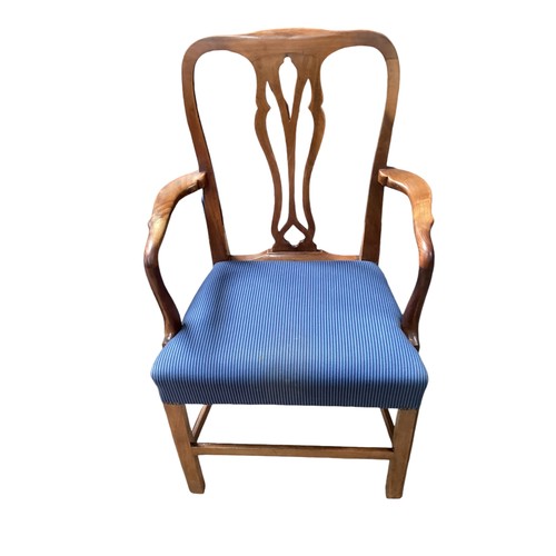 632 - Set of 12 (10 + 2) walnut dining chairs with blue striped upholstered seats in the Georgian style.  ... 