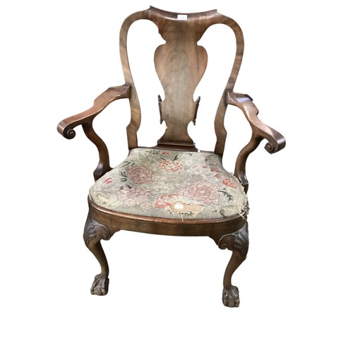 623 - Queen Anne style walnut armchair to ball and claw feet, drop in tapestry seat 100 cm H x 75 cm W and... 