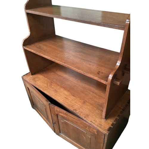 653 - Arts and crafts style pegged Oak Waterfall bookcase on cabinet 152 cm  x 107cm x 52cm