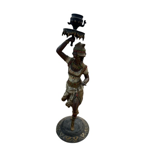 373 - Two cold painted spelter figures , a hardstone African bust and a square ceramic vase.