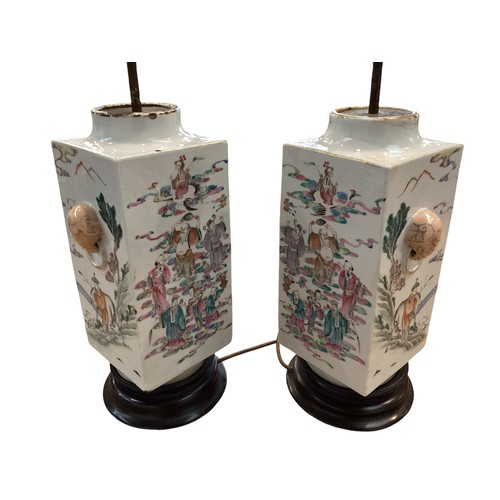 381 - A pair of Oriental Famille Rose style square vases converted to lamps on turned wooden bases. . 35cm