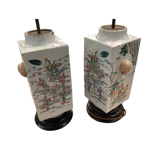 381 - A pair of Oriental Famille Rose style square vases converted to lamps on turned wooden bases. . 35cm