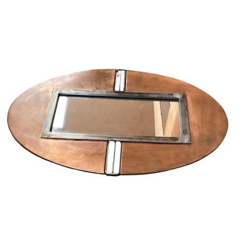 401 - A Secessionist style oval copper wall mirror. 60cm x 38cm and a rectangular modern wall mirror; and ... 