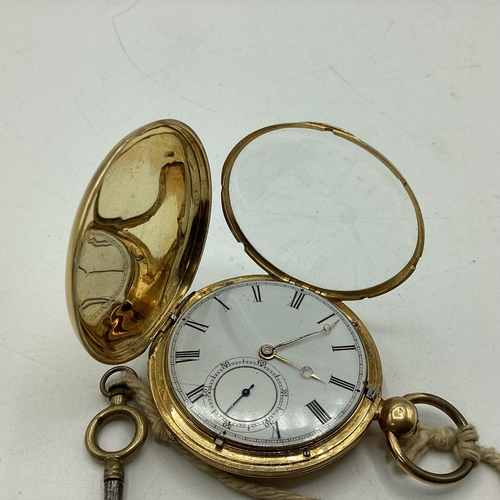 103 - An 18ct gold cased full hunter key wind pocket watch. Movement marked FB Adams, St Johns Square, Lon... 