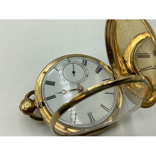 103 - An 18ct gold cased full hunter key wind pocket watch. Movement marked FB Adams, St Johns Square, Lon... 