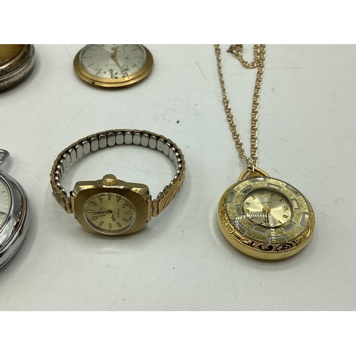 108 - A collection of watches and time pieces to include a 935 silver cased key wind pocket watch