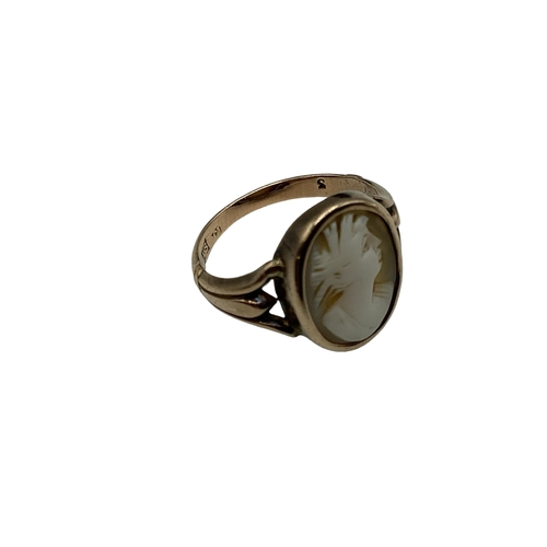 15 - A 9ct gold cameo ring together with an aquamarine set bar brooch marked EP 9ct and an unmarked yello... 