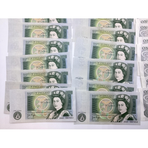 20 - A collection of vintage £1 notes to include a run of 10 consecutive numbers. Approximately 40 in tot... 