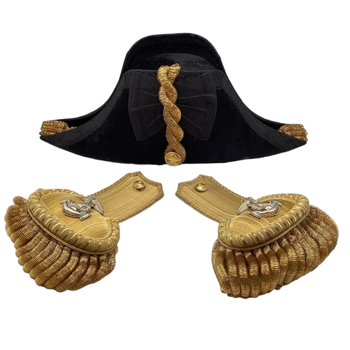 202 - Royal Navy Epaulettes and bicorn hat in velvet lined metal sea chest by Gieve Mathews and Seagrove L... 