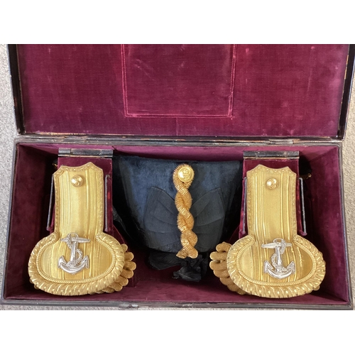 202 - Royal Navy Epaulettes and bicorn hat in velvet lined metal sea chest by Gieve Mathews and Seagrove L... 