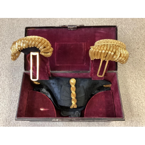 202 - Royal Navy Epaulettes and bicorn hat in velvet lined metal sea chest by Gieve Mathews and Seagrove L... 