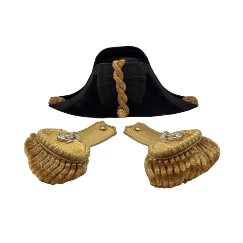 202 - Royal Navy Epaulettes and bicorn hat in velvet lined metal sea chest by Gieve Mathews and Seagrove L... 