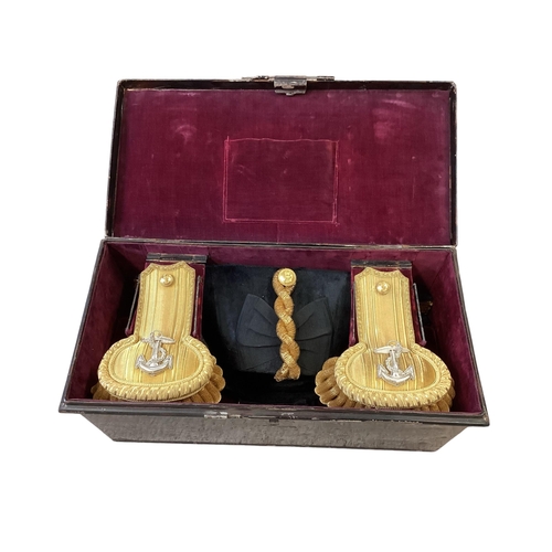 202 - Royal Navy Epaulettes and bicorn hat in velvet lined metal sea chest by Gieve Mathews and Seagrove L... 