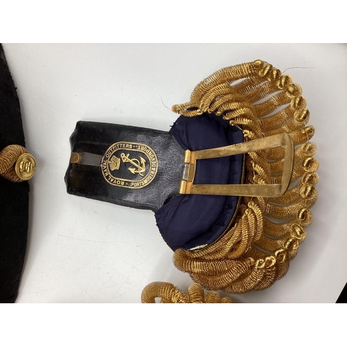 202 - Royal Navy Epaulettes and bicorn hat in velvet lined metal sea chest by Gieve Mathews and Seagrove L... 